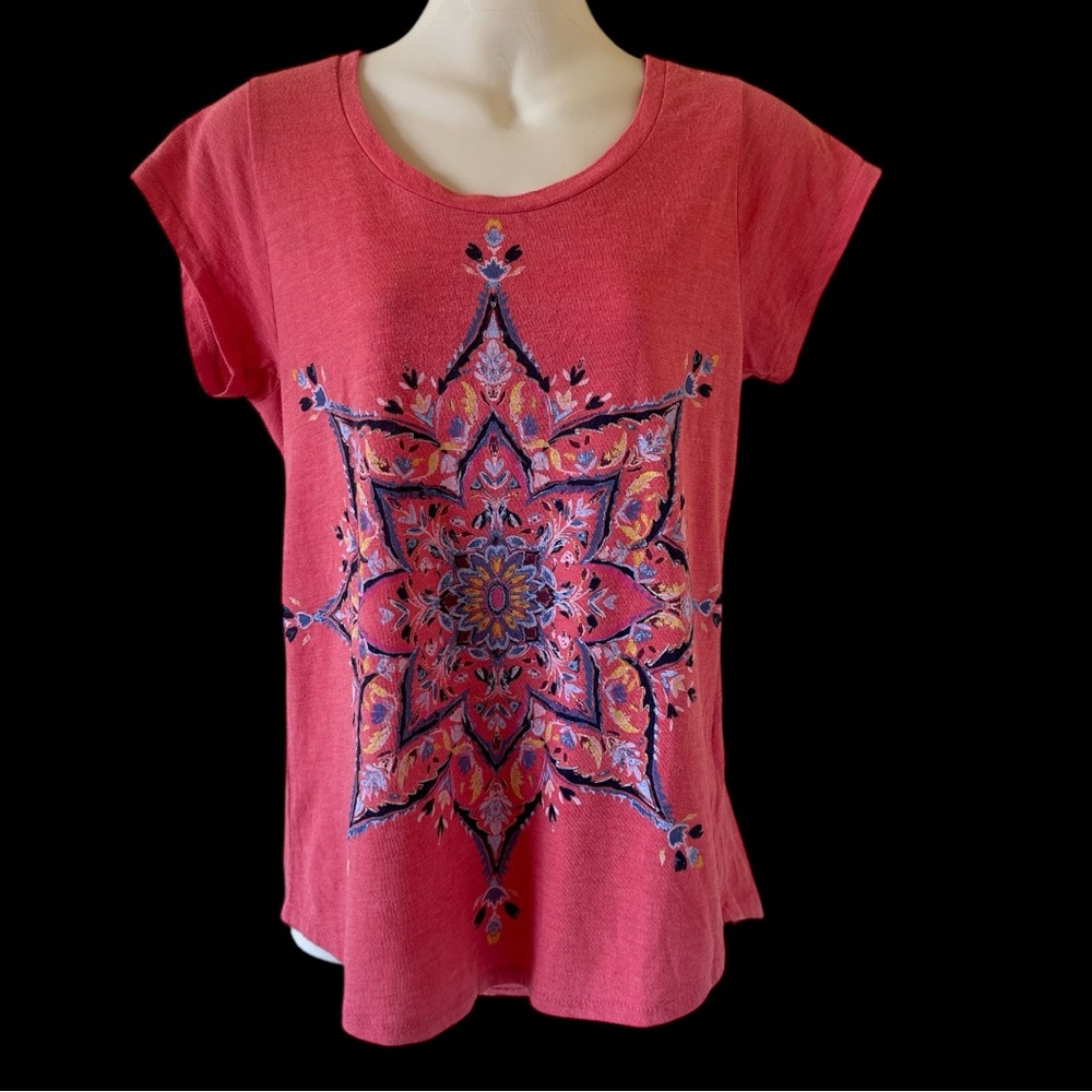 Lucky Brand red/orange graphic short sleeve shirt wmns sz Small boho festival